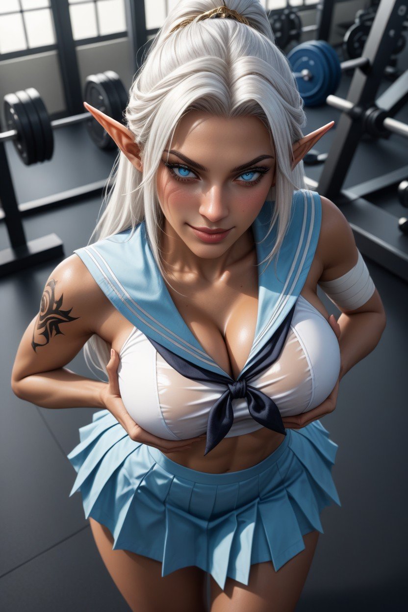 Light Blue Skirt That Resembles The Fabric She Is Wrapped In A Blue Bandage Covering Her Chest, White Hair, Gym Shemale AI Porn