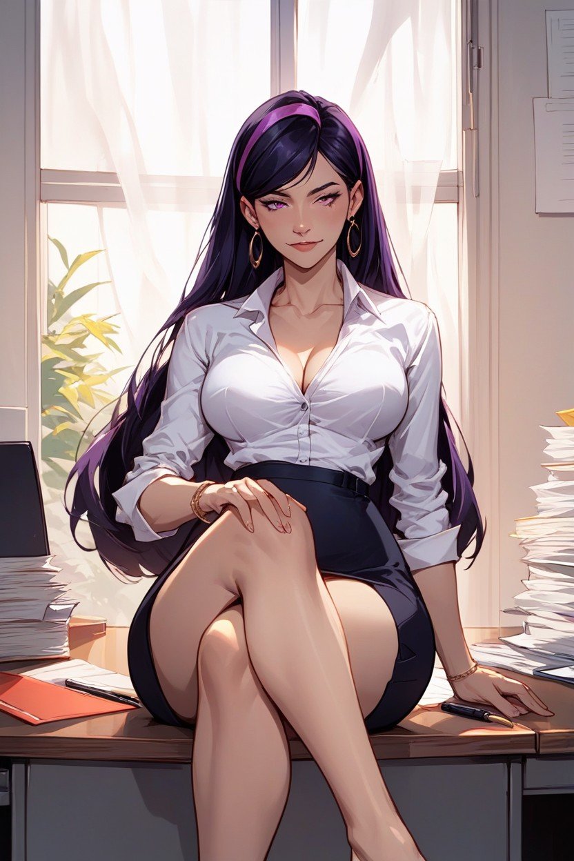 Legs Crossed, Sitting On Office Desk, Violet ParrAI黃漫