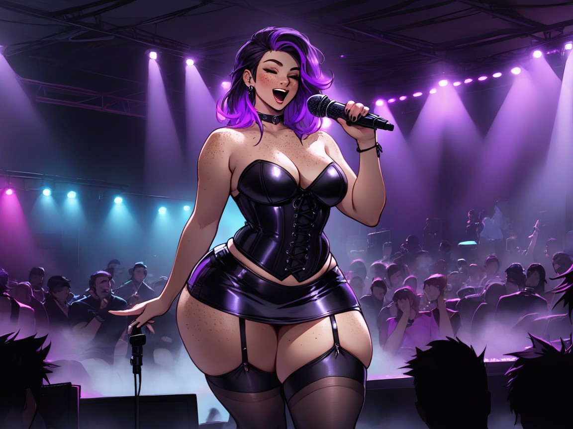 Black Permed Hair With Purple Highlights, Natural Breasts, High Color Saturation Latina AI Porn