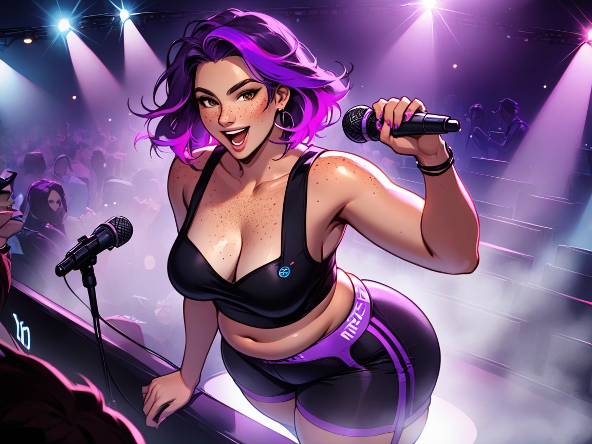 Black Permed Hair With Purple Highlights, Neon Purple Fog In Foreground, Sombra Suave Porno IA latina