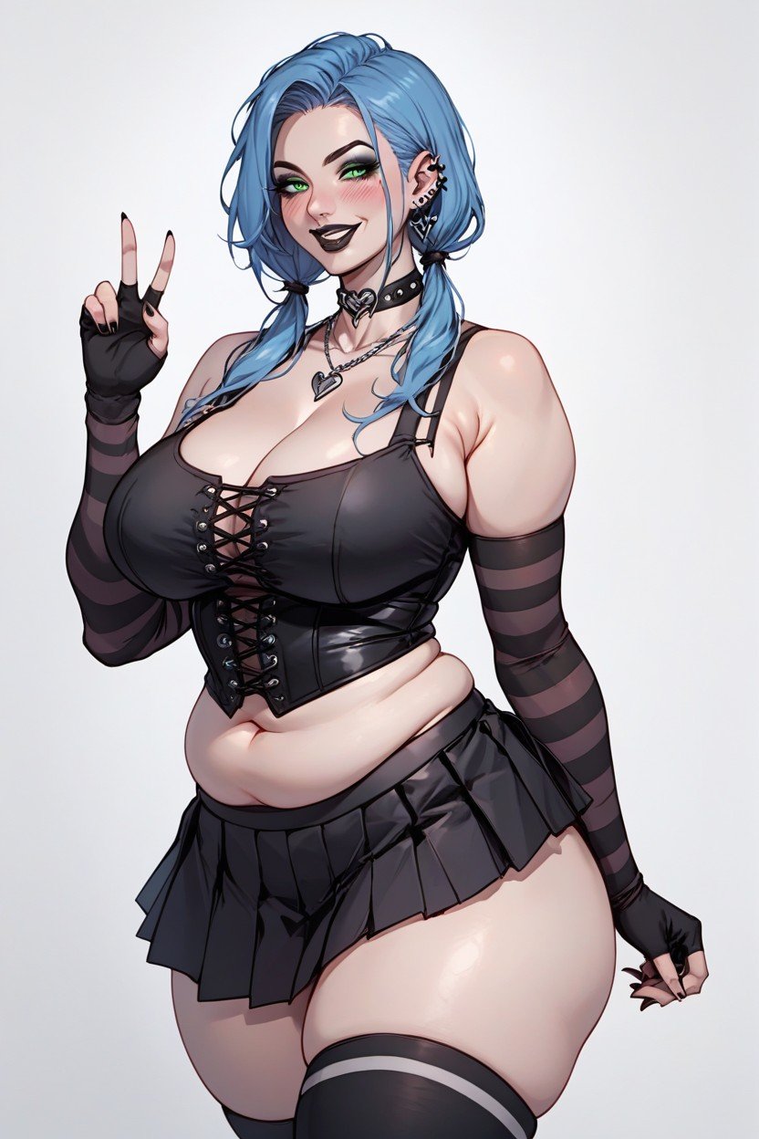 Pleated Black Skirt, Choker, Peace Sign Pose Hentai AI Porn