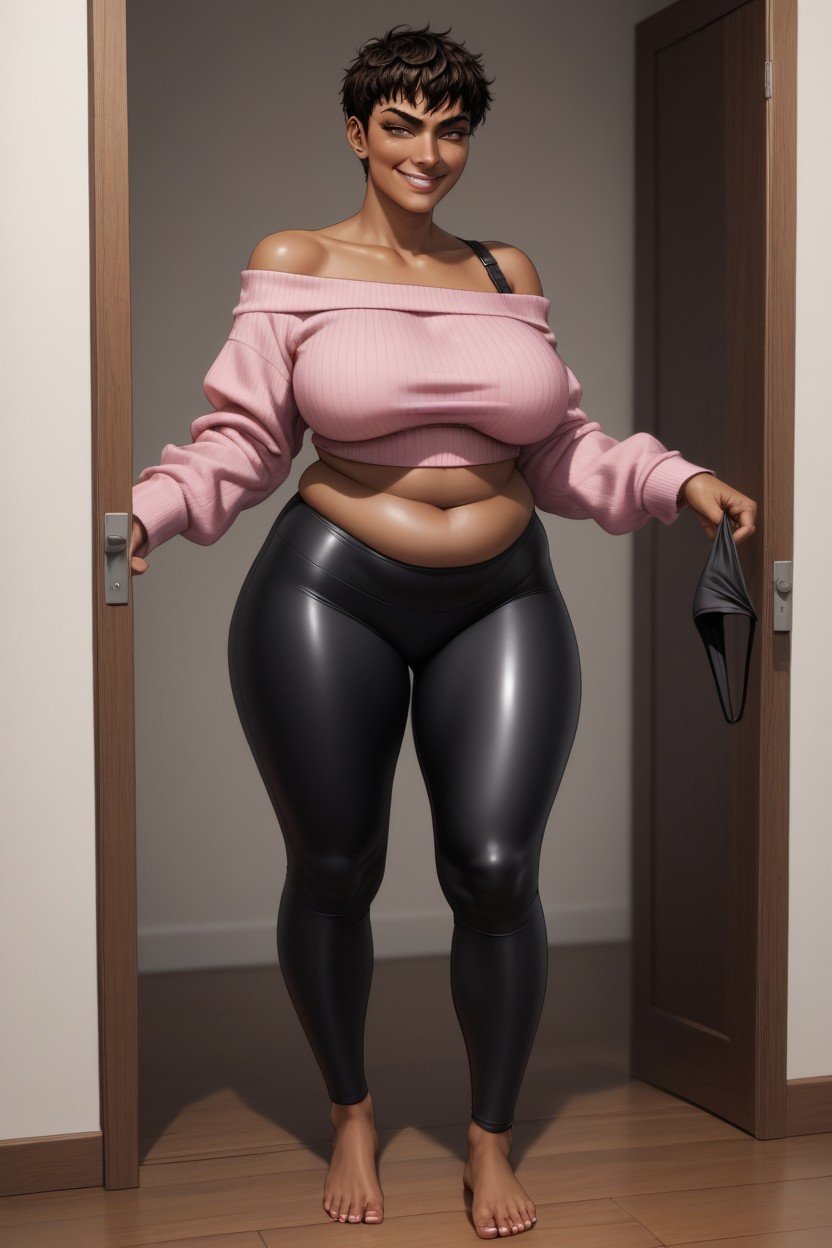 Black Latex Leggings, Makeup, Pele Marrom Escura Travesti IA Pornô