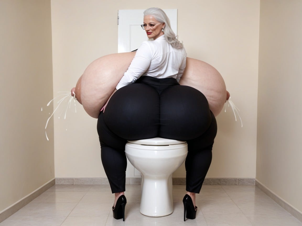 Hyper Massive Gigantic Ass, Huge Breasts, Elderly Fit Woman With Giant Ass Sitting On Toilet Travesti IA Pornô