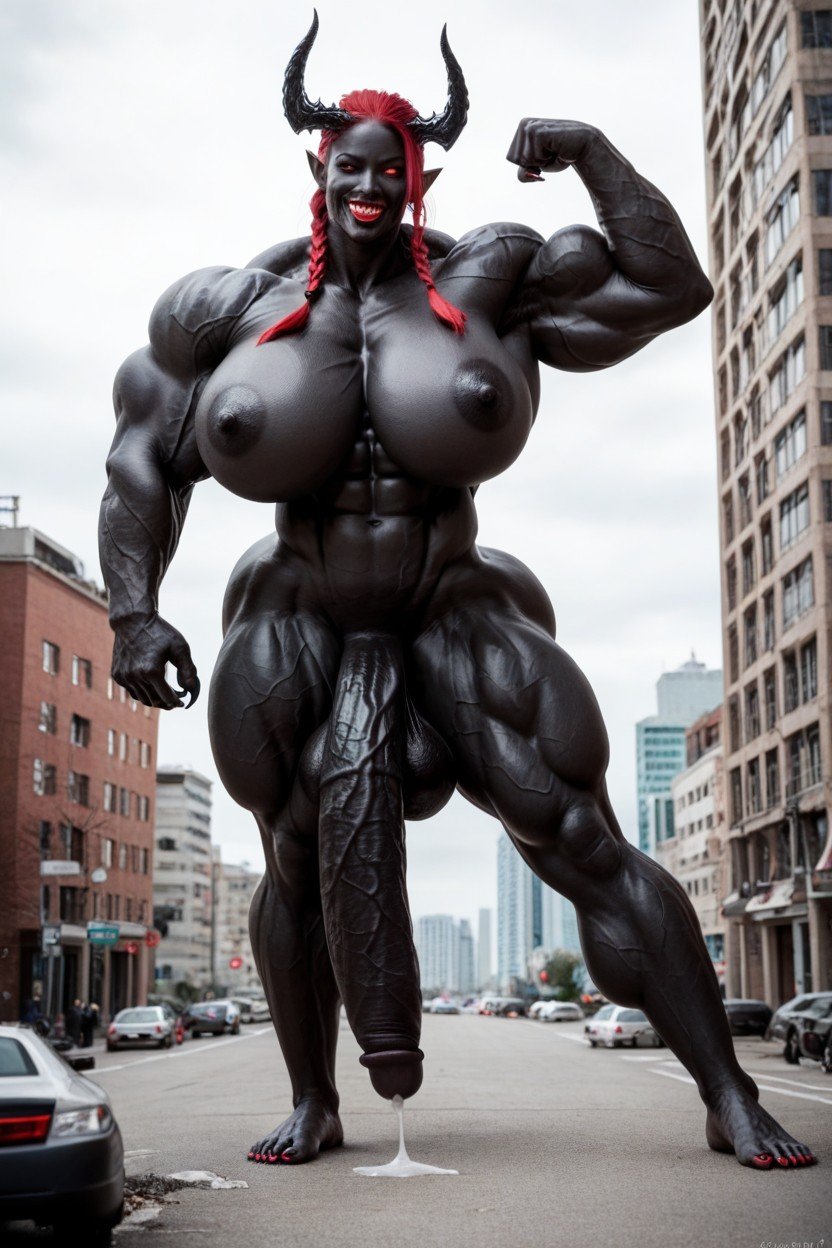 Big Oni Horns, Gigantic Muscle Trapez, Woman Bigger Than City人妖AI色情