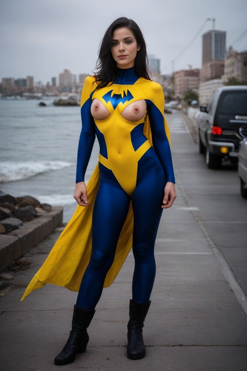 Black Hair, Yellow Superhero Costume, Exposed Nipples Shemale AI Porn