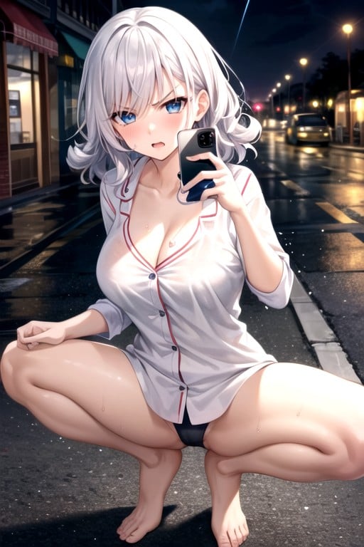 Blue Eyes, Raining, Selfie Shemale AI Porn