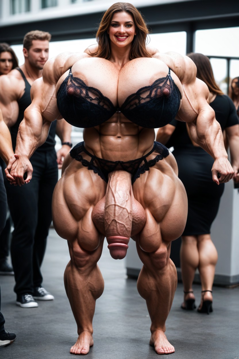 Muscular Woman, Many People Around, Holding Hands With A Shorter Man Shemale AI Porn