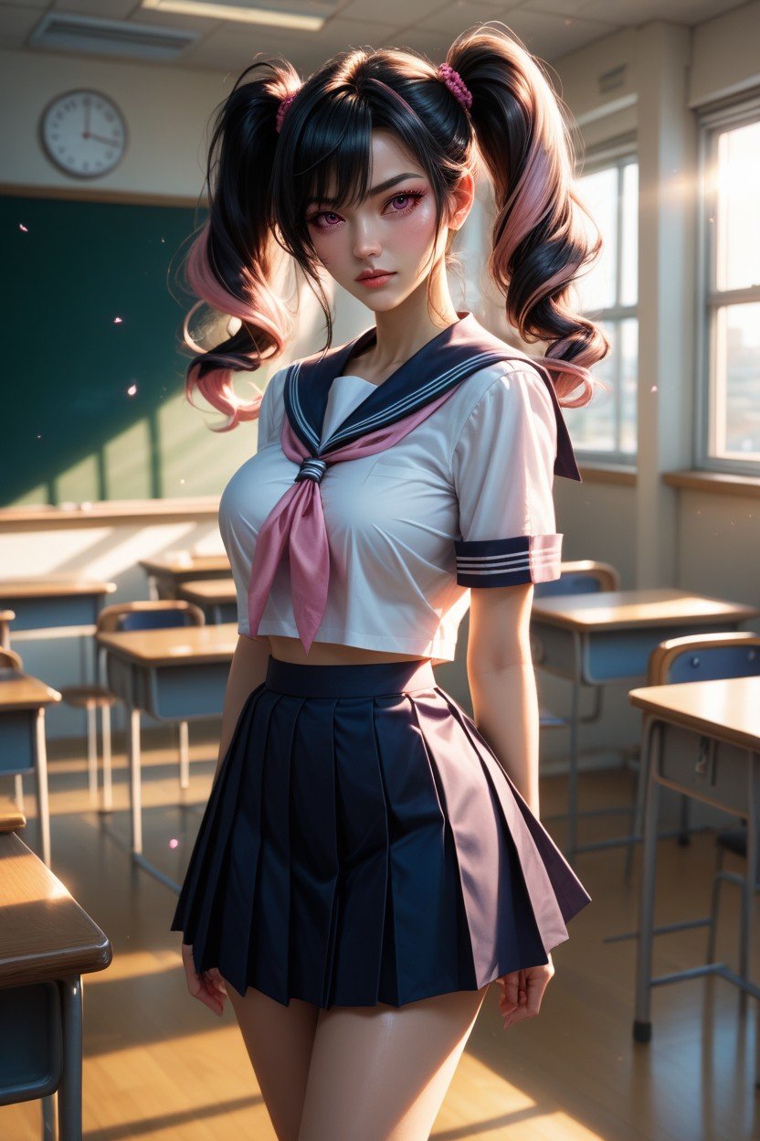 Evening Lighting, Black Hair With Pink Streaks, Demure人妖AI色情