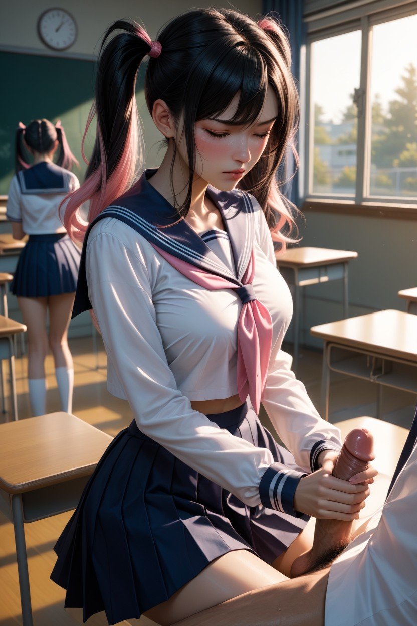 Pigtails, Skirt, Giving Handjob To Her TeacherニューハーフAIポルノ