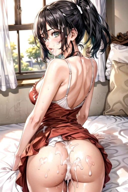 Cumshot On Her Butt, Pink Silk Nightdress, Her Hair Is Spread Out On The BedニューハーフAIポルノ