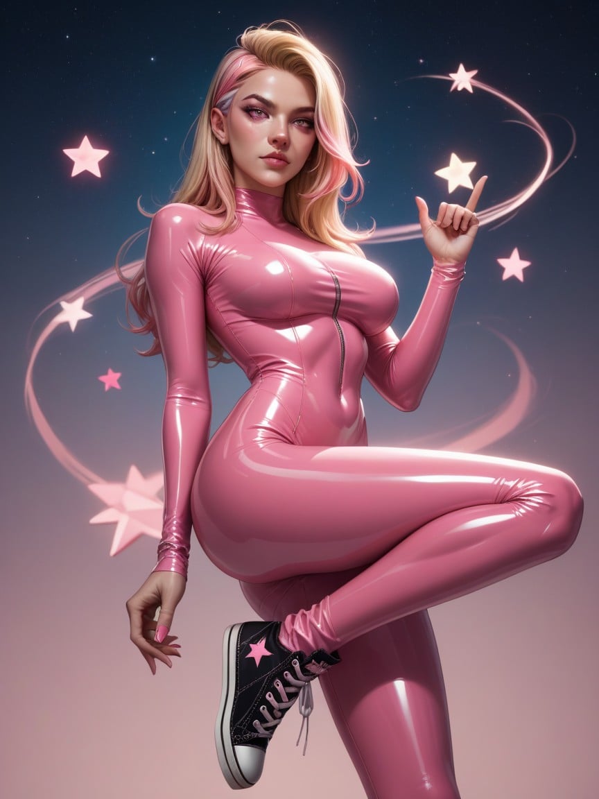 Converse All Stars, Long Blonde Hair With Pink Streak, Skin Tight Latex Body Suit With Pink Stars On ItニューハーフAIポルノ