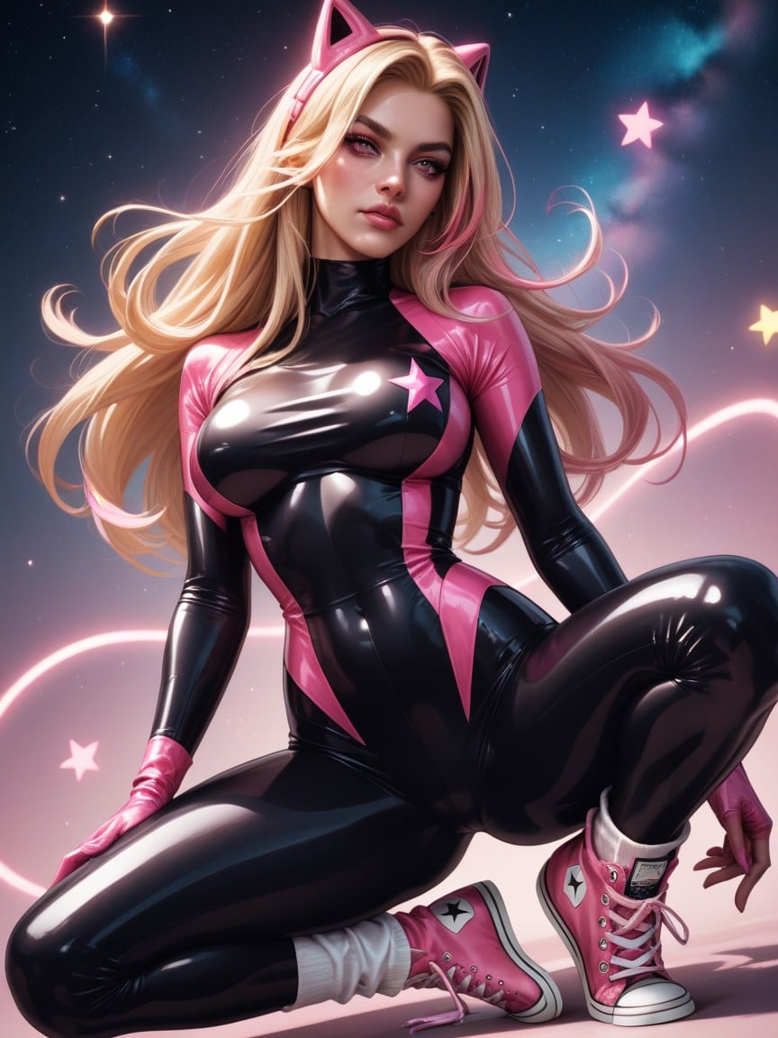 Converse All Stars, Long Blonde Hair With Pink Streak, Skin Tight Latex Body Suit With Pink Stars On ItPorno IA Furry