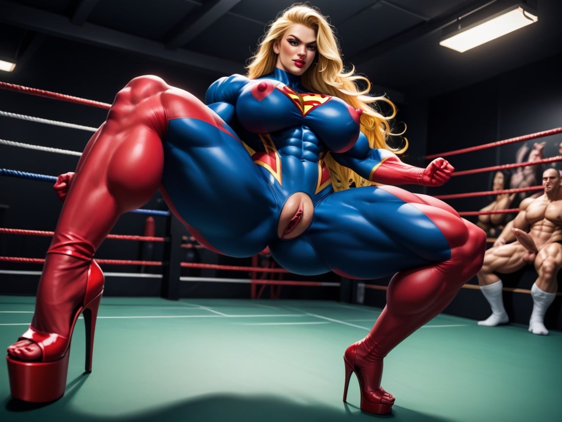 Futanari Tight Superhero American Costume Tight Clothing Blonde Hair, Thick Thighs Muscular Abs, High Heels人妖AI色情