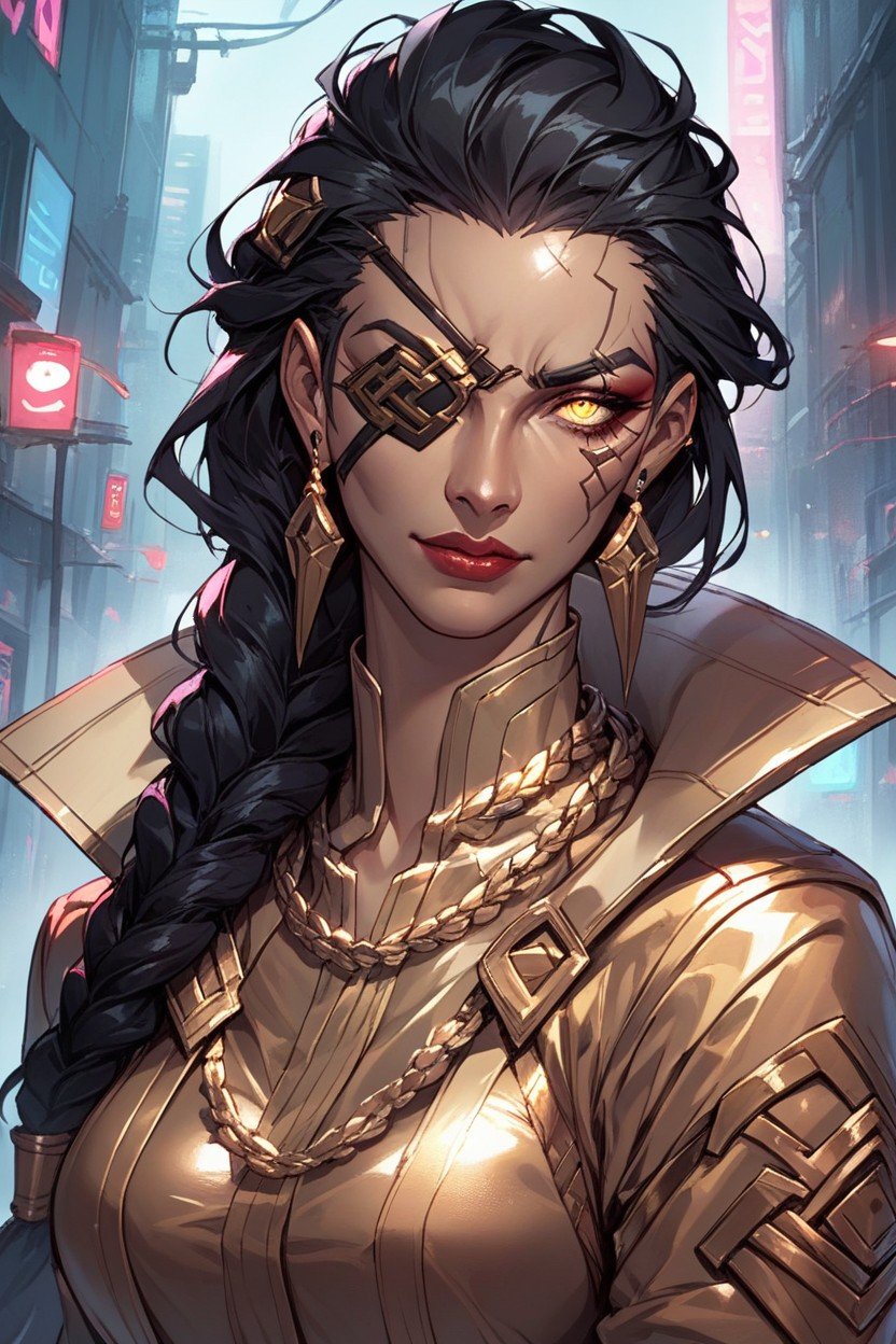 Braided Ponytail, Open Gold Tailcoat Cyberpunk City, Eyepatch On Right EyeニューハーフAIポルノ