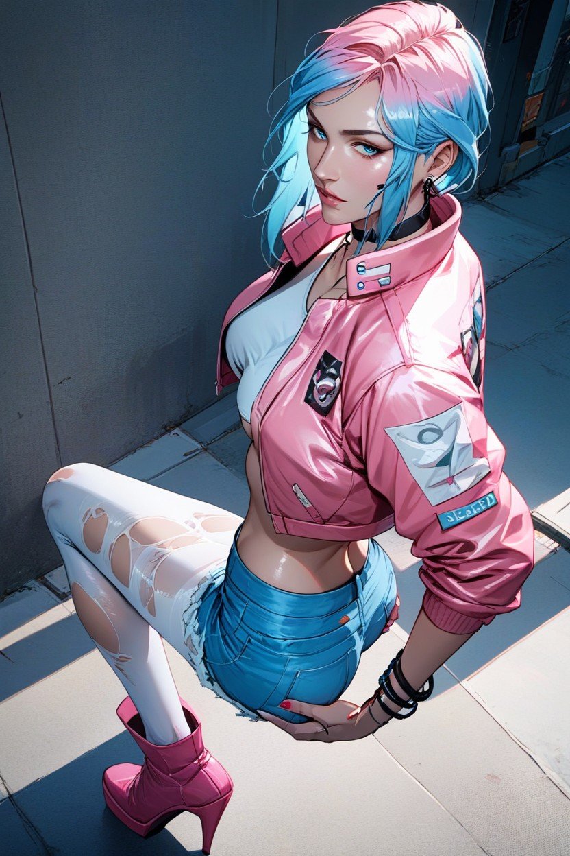 Cyberpunk City, Long White High Heel Boots, Ripped White PantyhoseHentai IA