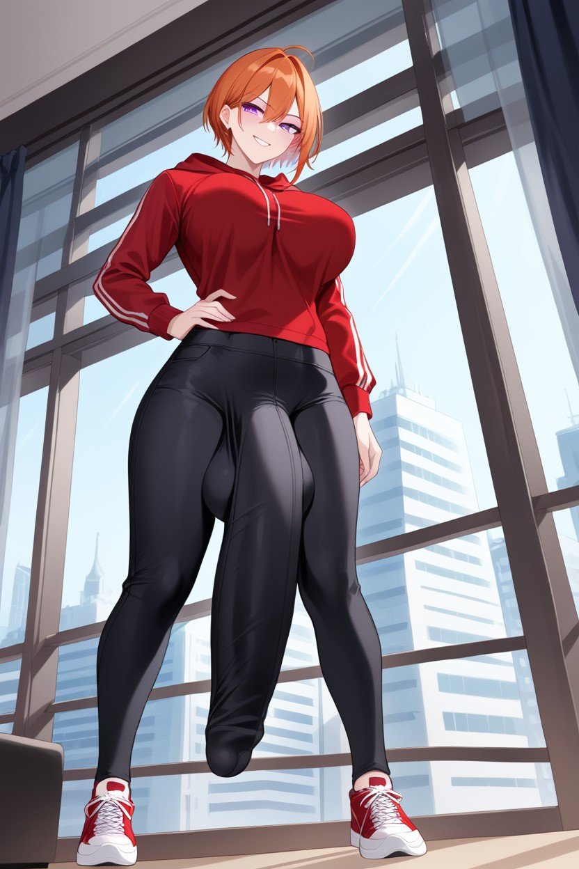 Black Trousers, Red Hoodie, Massive Cock Bulge Visible Through Clothing Travesti IA Pornô