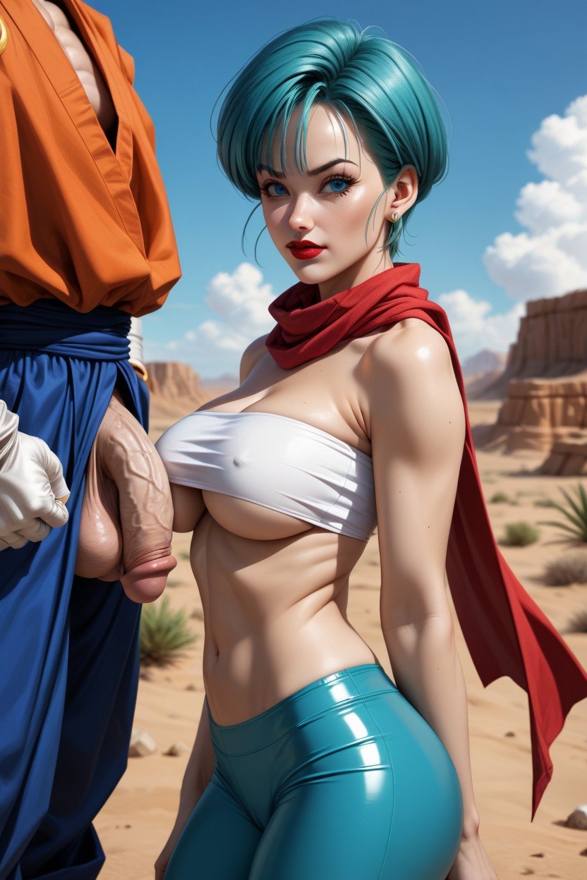 Bulma From Dragonball Super, White Tube Top, Red Lipstick Travesti IA Pornô