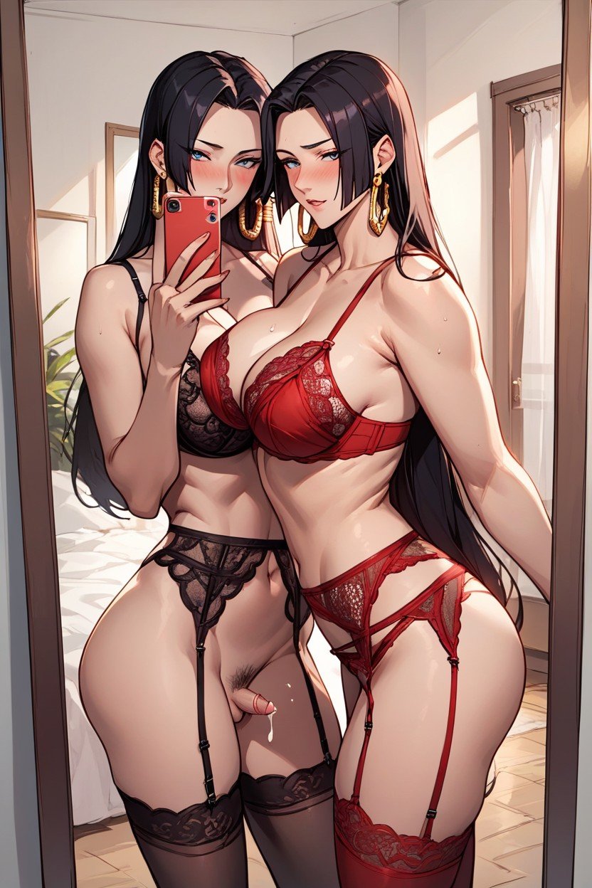 Woman And Man, Naked Man In Background, Mirror SelfieHentai IA