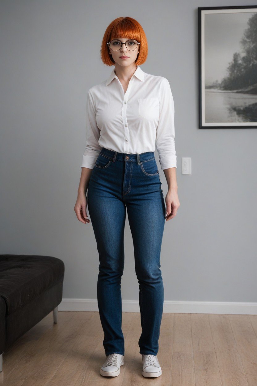 Large Round Rimmed Glasses On Her Face, A Wide Full Body Shot Of A Irish Woman With Red Hair In A Pixie Hairstyle, A White Button Up Shirt And Blue Jeans Standing In Front Of A Grey Blue Studio BackdropPorno IA transsexuelle