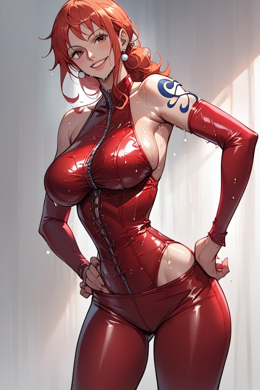 Red Latex Stockings, Red Corset, Wet BodyニューハーフAIポルノ