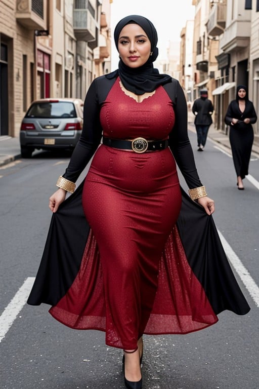 Chubby Arab Step Step Step Mother Milf Big Ass Sexy Hijab Arabic Red And Black Dress Abba In Street Arabic Hijab Style Fit Dress BeltニューハーフAIポルノ