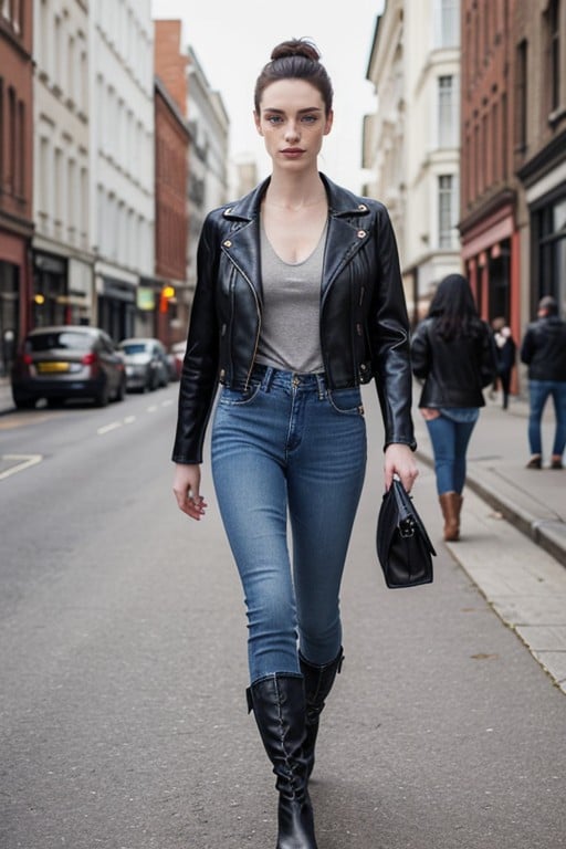 Black Leather Jacket, Street, Serious Face Shemale AI Porn