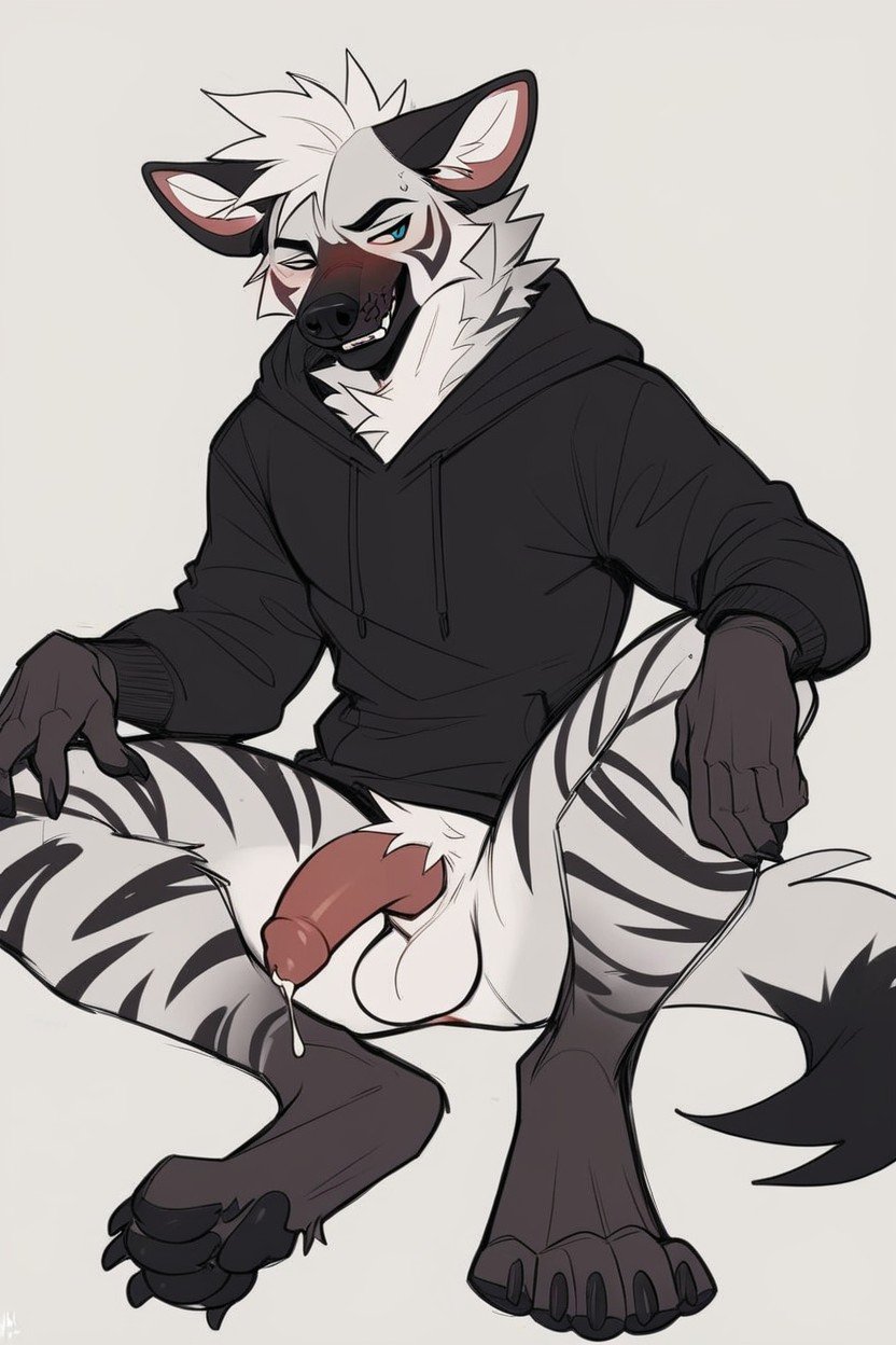 Striped Hyena Fur, Black Messy Hyena Blue Paws, White Black Stripes Wearing Black Hoodie Half FoxPorno IA Furry