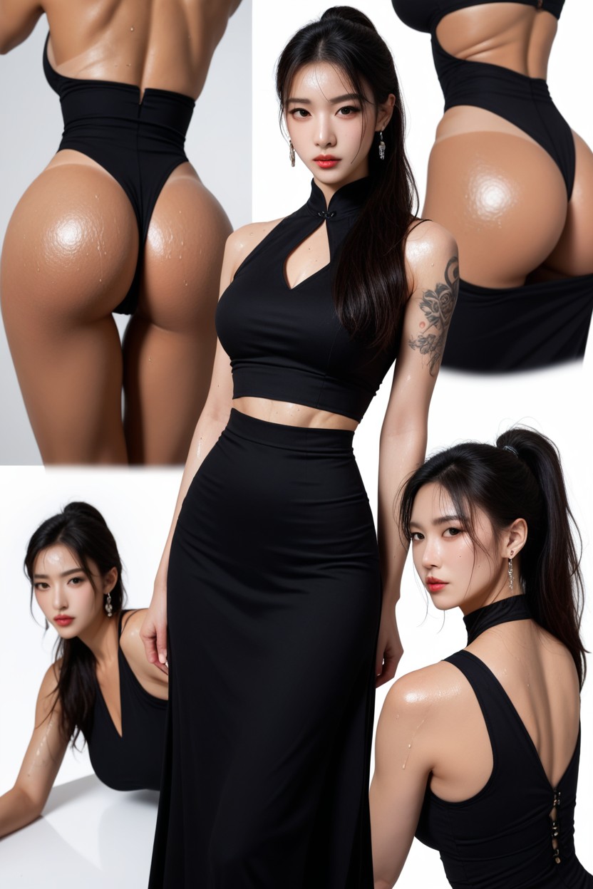 Sweaty Skin, Earring, Prominent Cheekbones Asian AI Porn