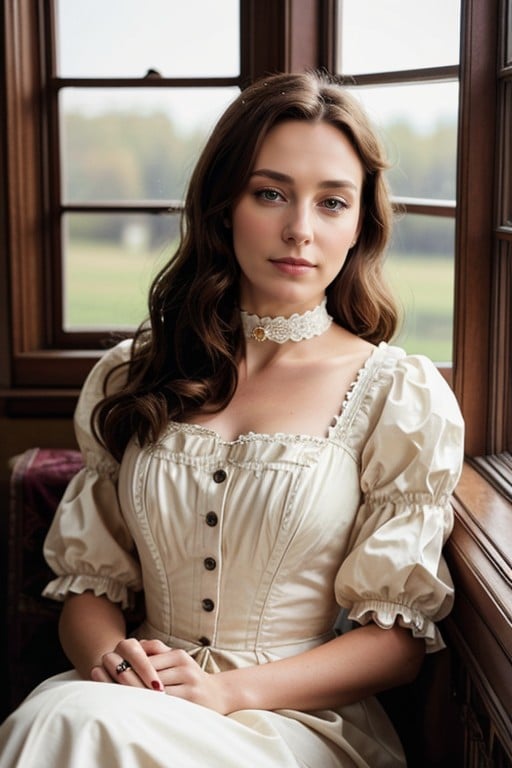 Royal Victorian Period Hairstyle, Royal Victorian Period Dress, Brown Hair Pornografia peluda com IA