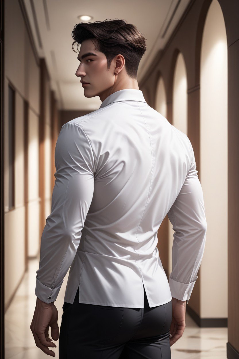 Emphasizing A Natural View Of The Backside, Muscular, A Character Wearing Only A White Dress Shirt And Black Dress PantsPorno gay IA