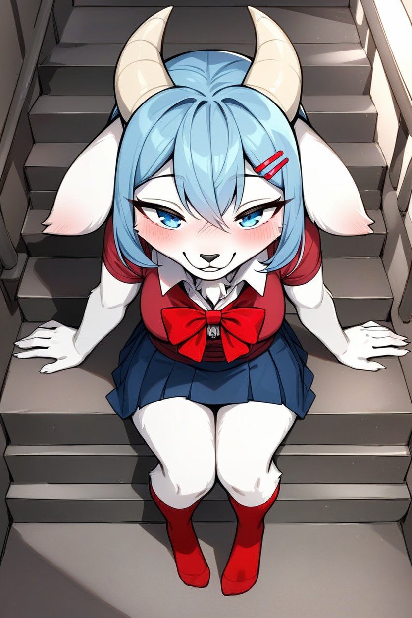 Blue Hair, Mischievous (smiling While Blushing), Legs Open Furry AI Porn