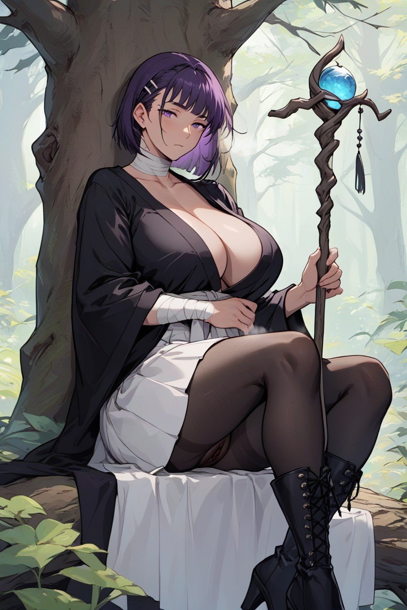 Black Robe, White Pleated Blouse, Lifted Skirt Hentai AI Porn