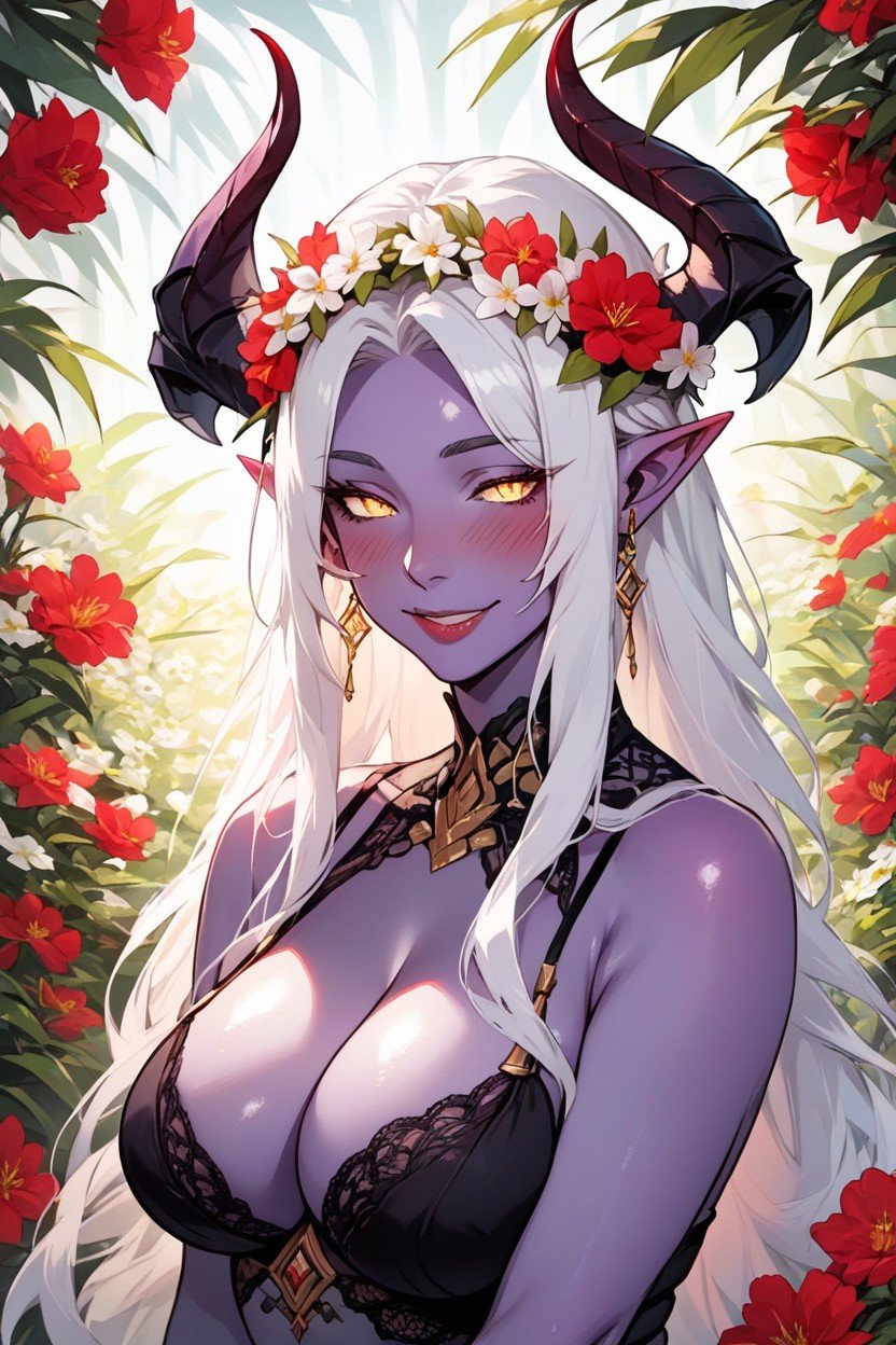 White Hair With Red Highlights, Flower Crown, Red Highlights In White HairAI黃漫