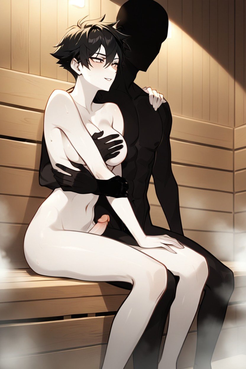 Accurate Anatomy, They Are Sitting Sideways To Each Other, Faceless Silhouette MaleニューハーフAIポルノ