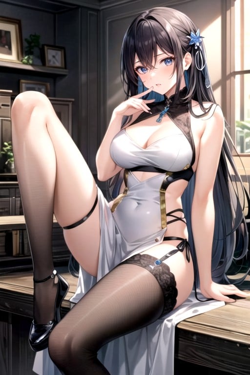 A Women Facing To The Left With Her Right Hand On Her Right Cheek, Her Left Leg Is Folded Up, And With Her Left Hand On Her Left ThighHentai IA