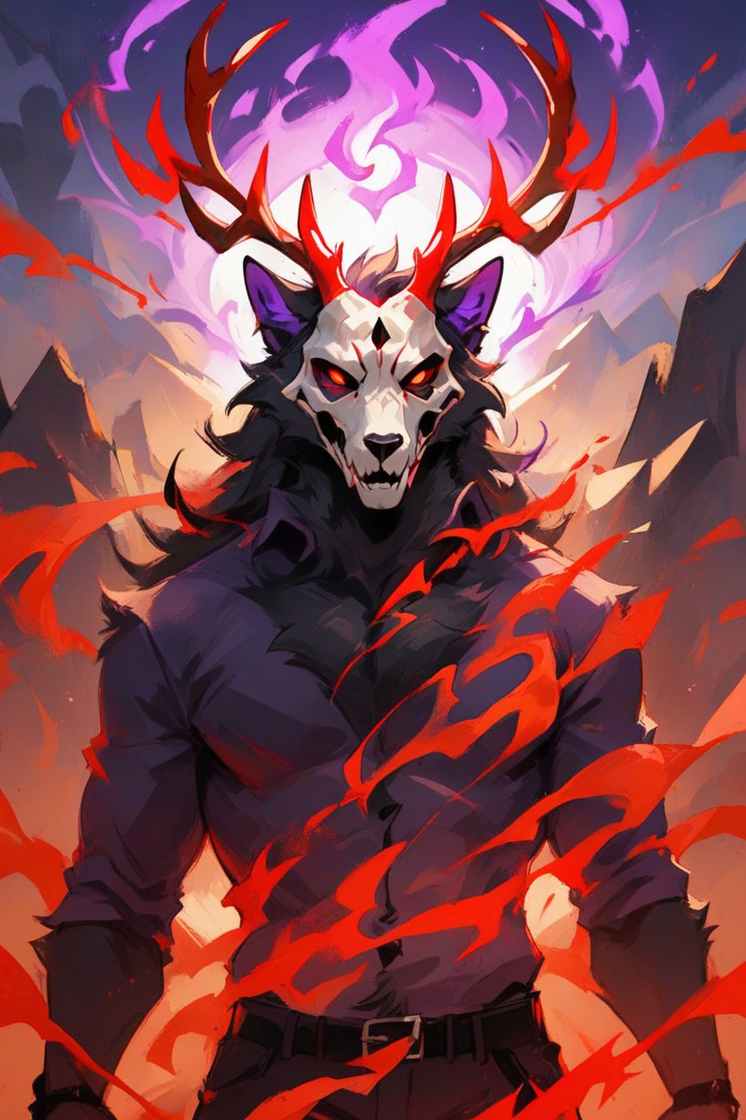 Magical Large Antlers Elk With Black Fur With Black Jeweled Skull Mask With Mountains In The Background And With A Purple Aura And Thick Red Fog Furry AI兽人黄片