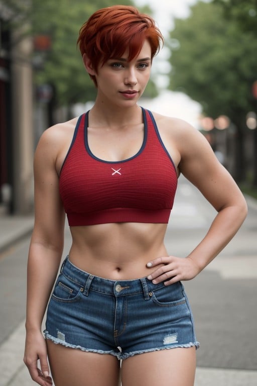 With Red Pixie Hair With Thick Thighs, A Woman, Wearing A Sports Bra And Jean Shortssites.postSEOTitles