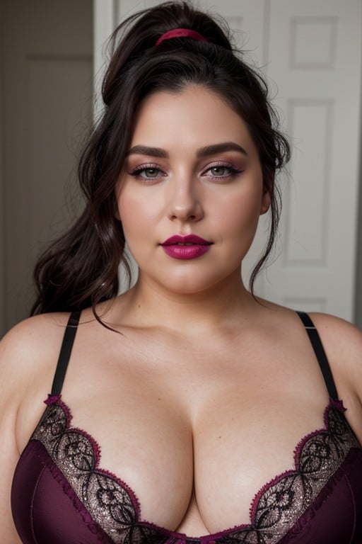 Lace Magenta Bra, Straight Dark Hair, Red Lipstick Travesti IA Pornô