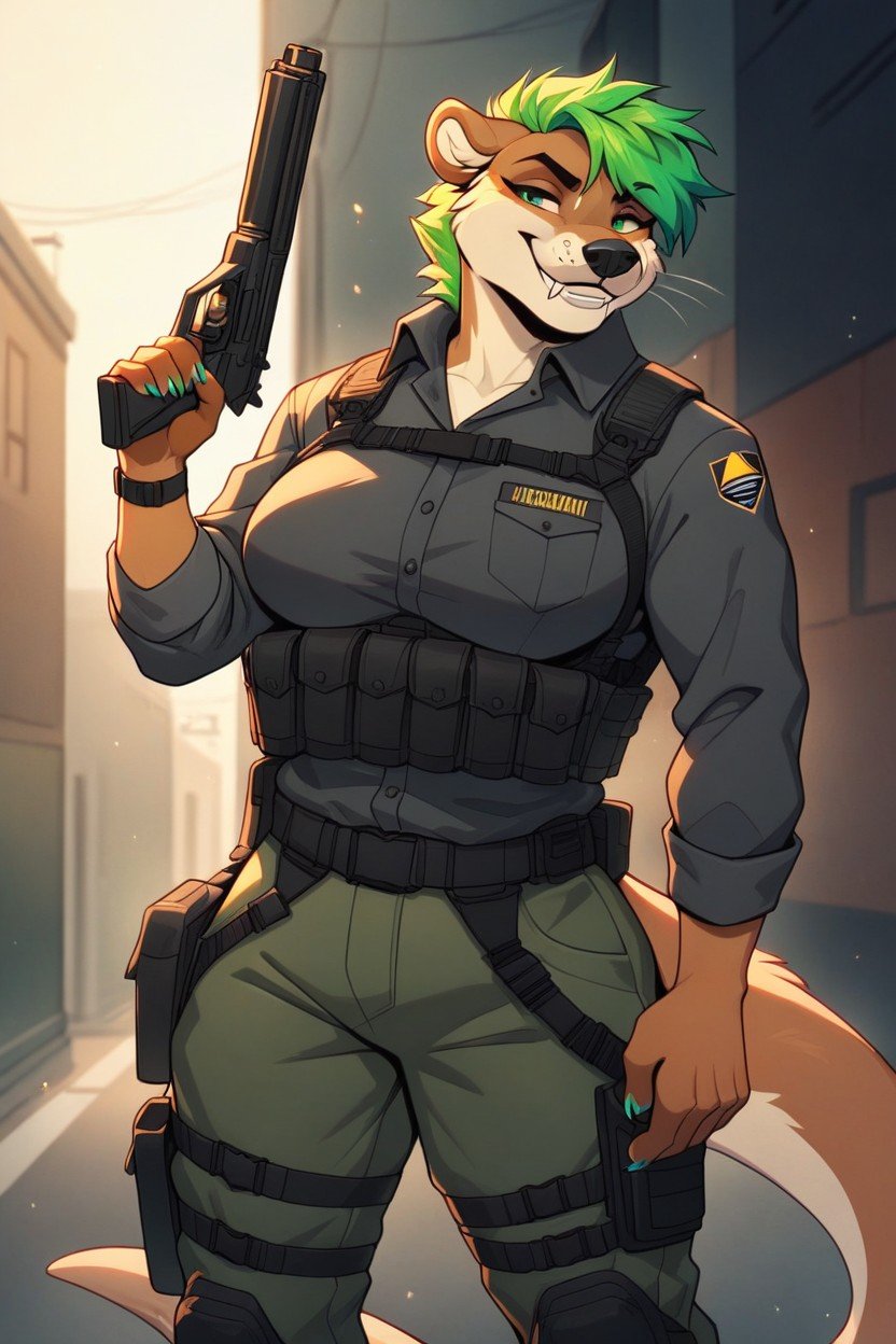 Otter Anthro Otter Black Tactical Gear Black Clothes Gun Smiling Green Hair Fangs Night Alleyway Pornografia peluda com IA