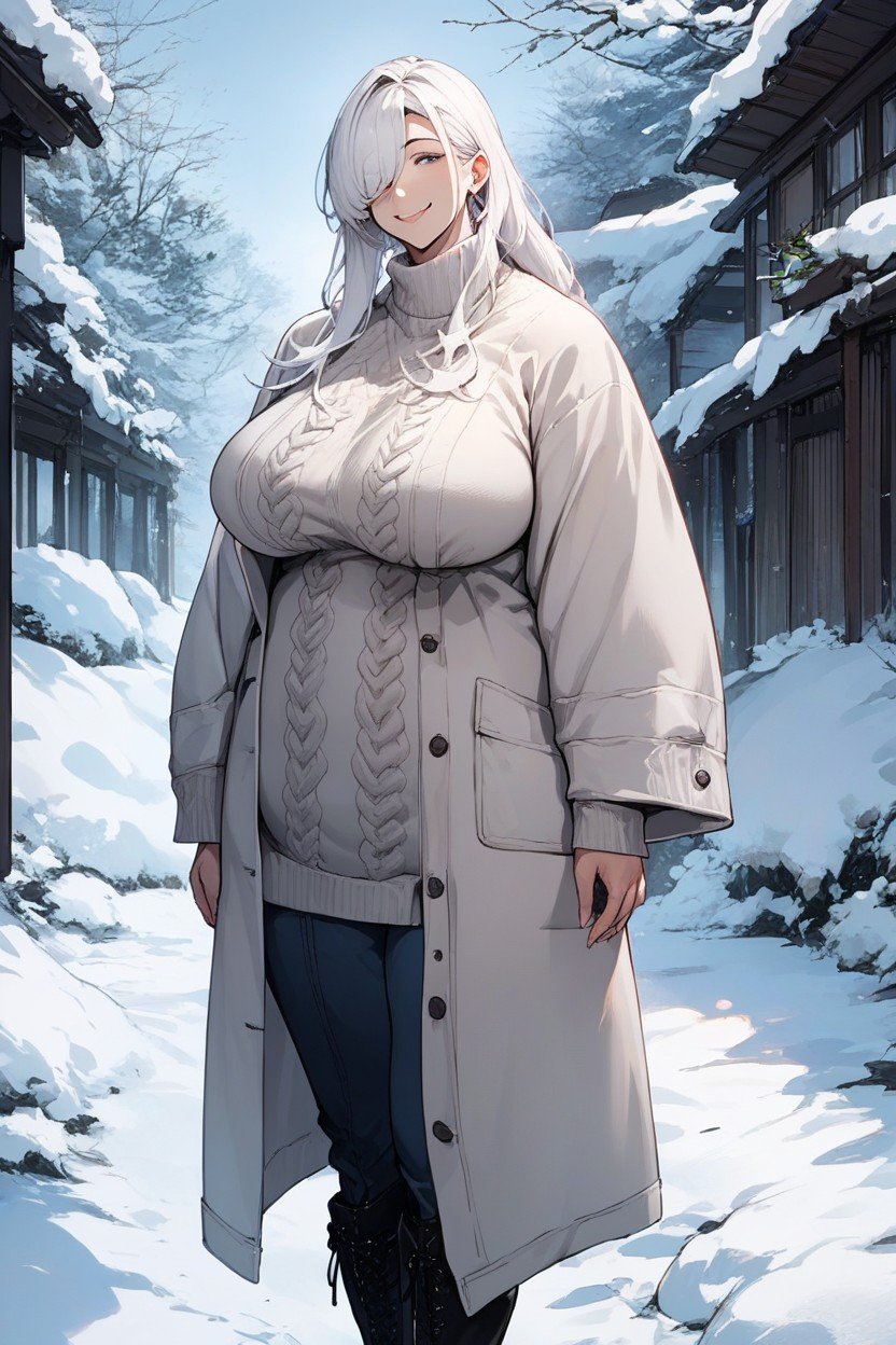 One-piece Sweater, Thighs, Casual Winter Long Coat人妖AI色情