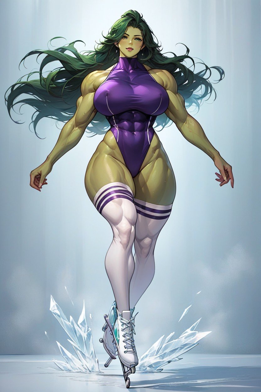 She-hulk Ice Skating, Green Hair, Massive Breast Furry AI Porn