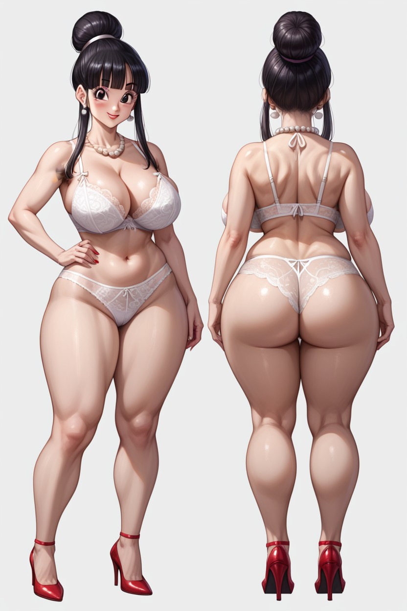 Split View, Chichi Wearing White Pearl Earrings, Blushing Hentai AI Porn