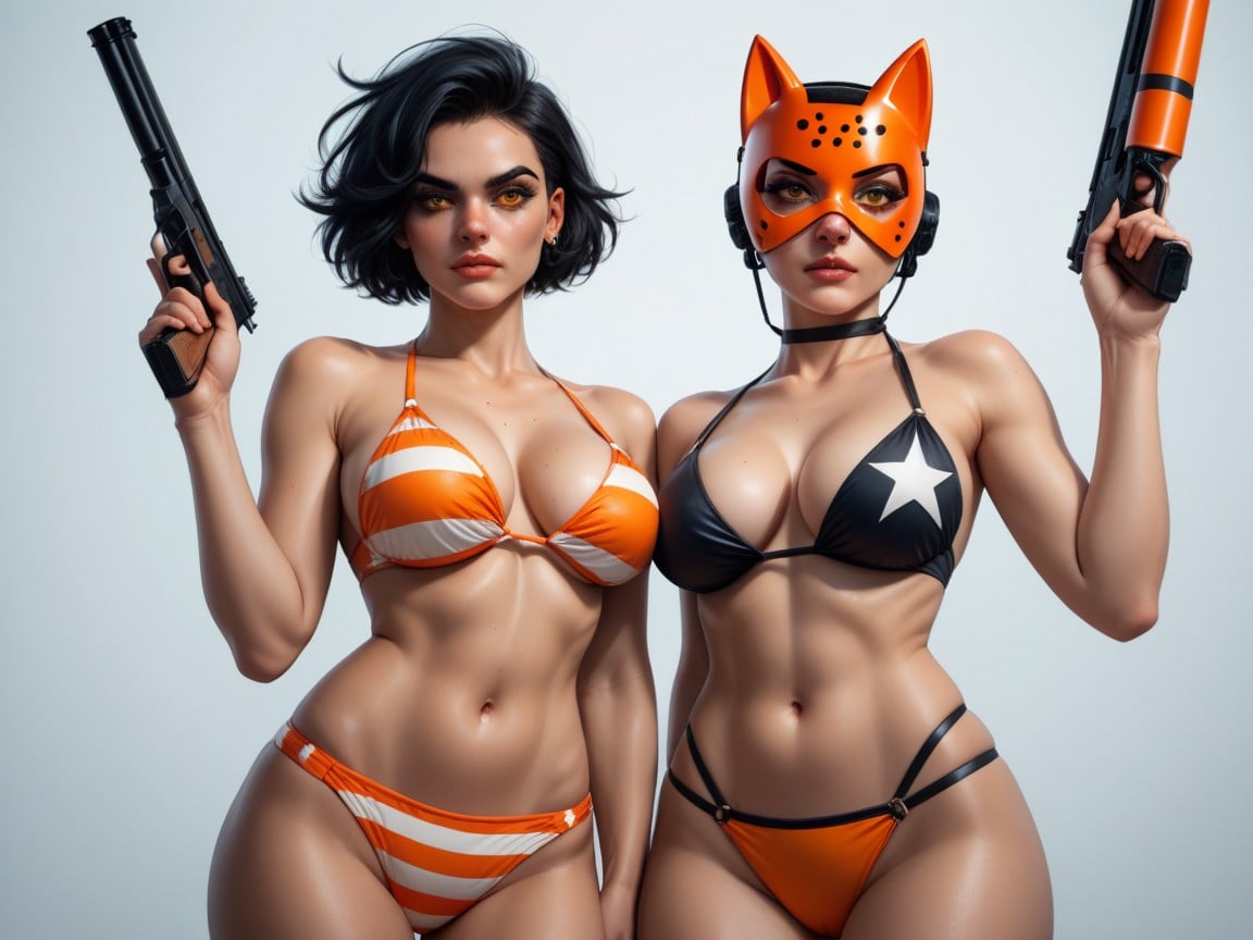 Orange Ski Mask, Spiky Black Hair, Two Women人妖AI色情