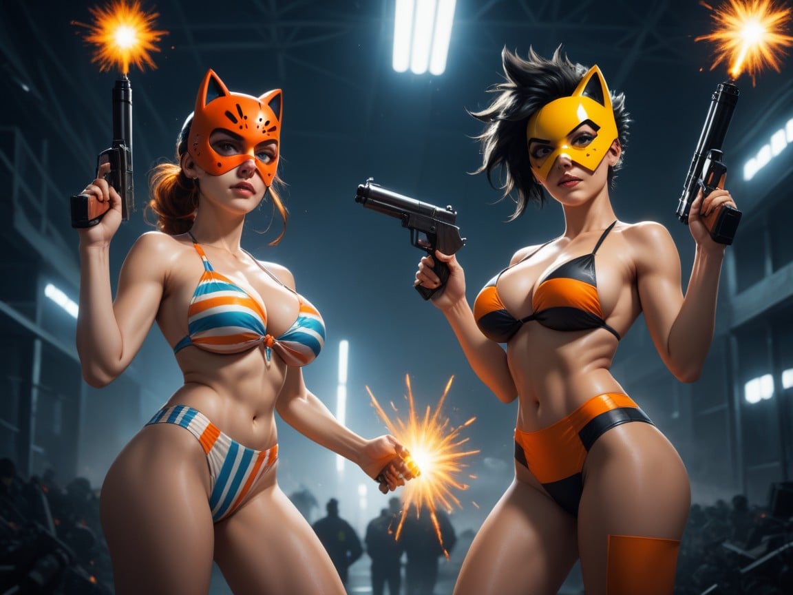 Orange Ski Mask, Holding Shotguns, Decorated Bikini Travesti IA Pornô