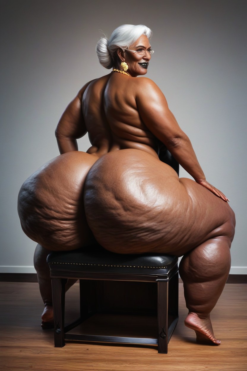 Hyper Wide Hips, Extremely Thick Hips, Sitting In A Black Leather Chair AI Porn