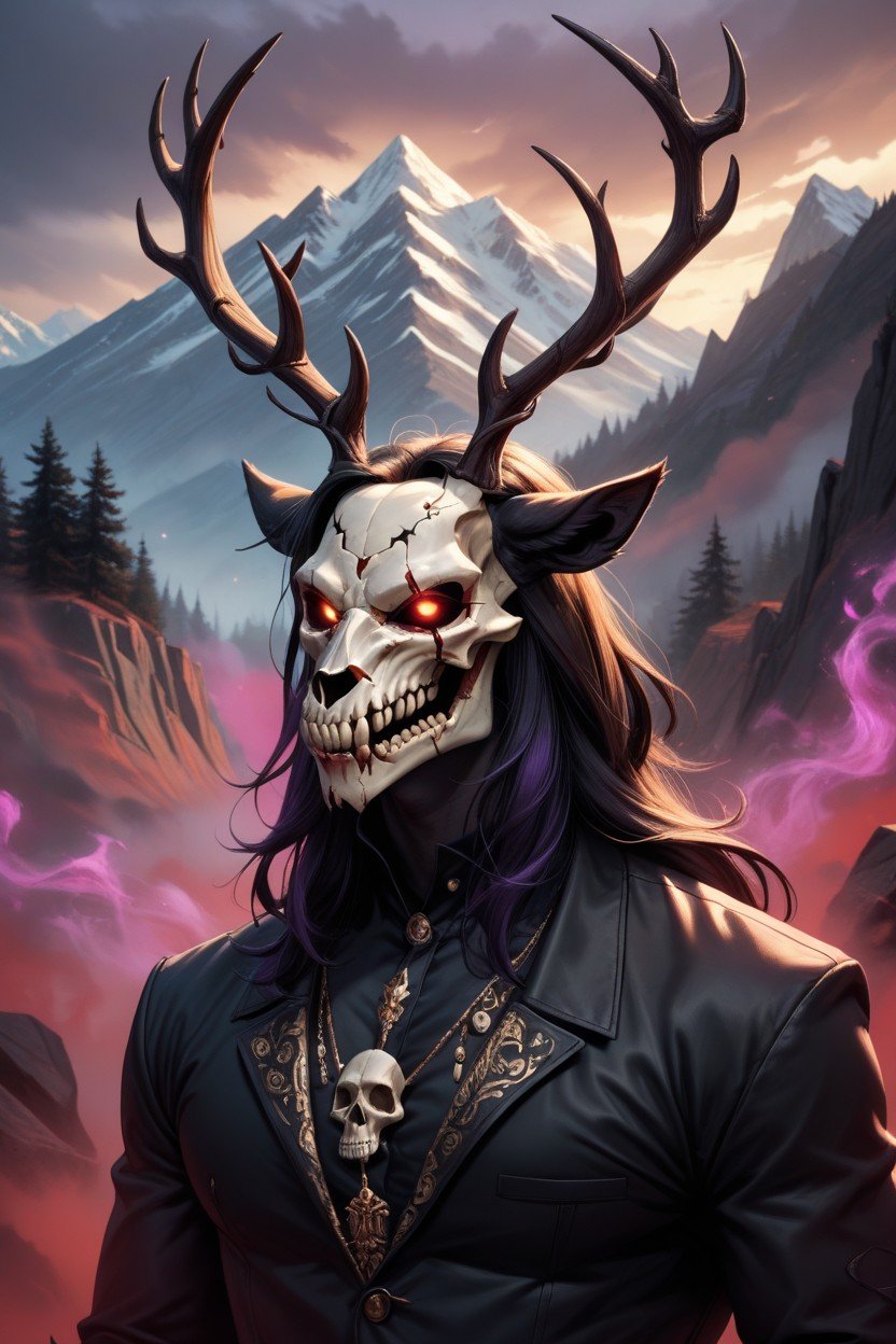 Magical Large Antlers Elk With Black Fur With Black Jeweled Skull Mask With Mountains In The Background And With A Purple Aura And Thick Red FogPorno shemale IA