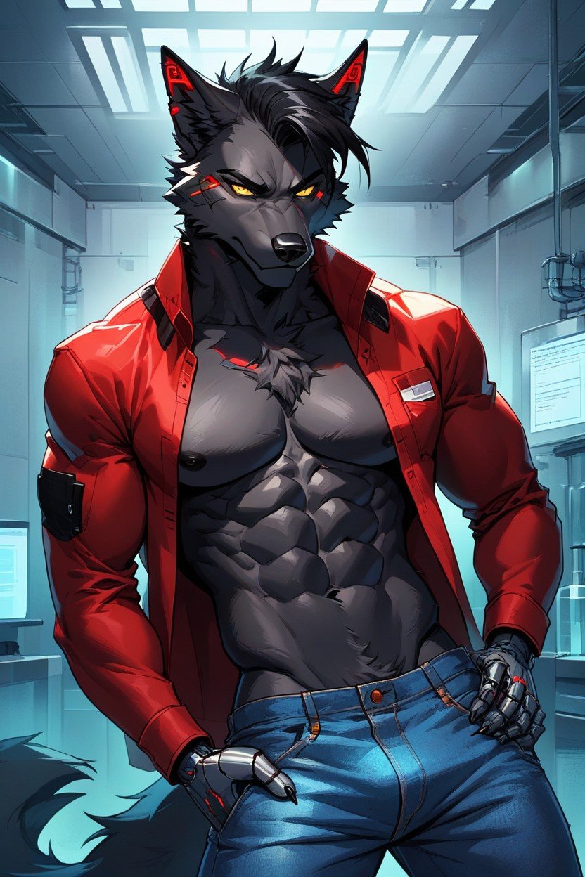 Topless, Wolf, Red Jacket Without Shirt Underneath Furry AI Porn