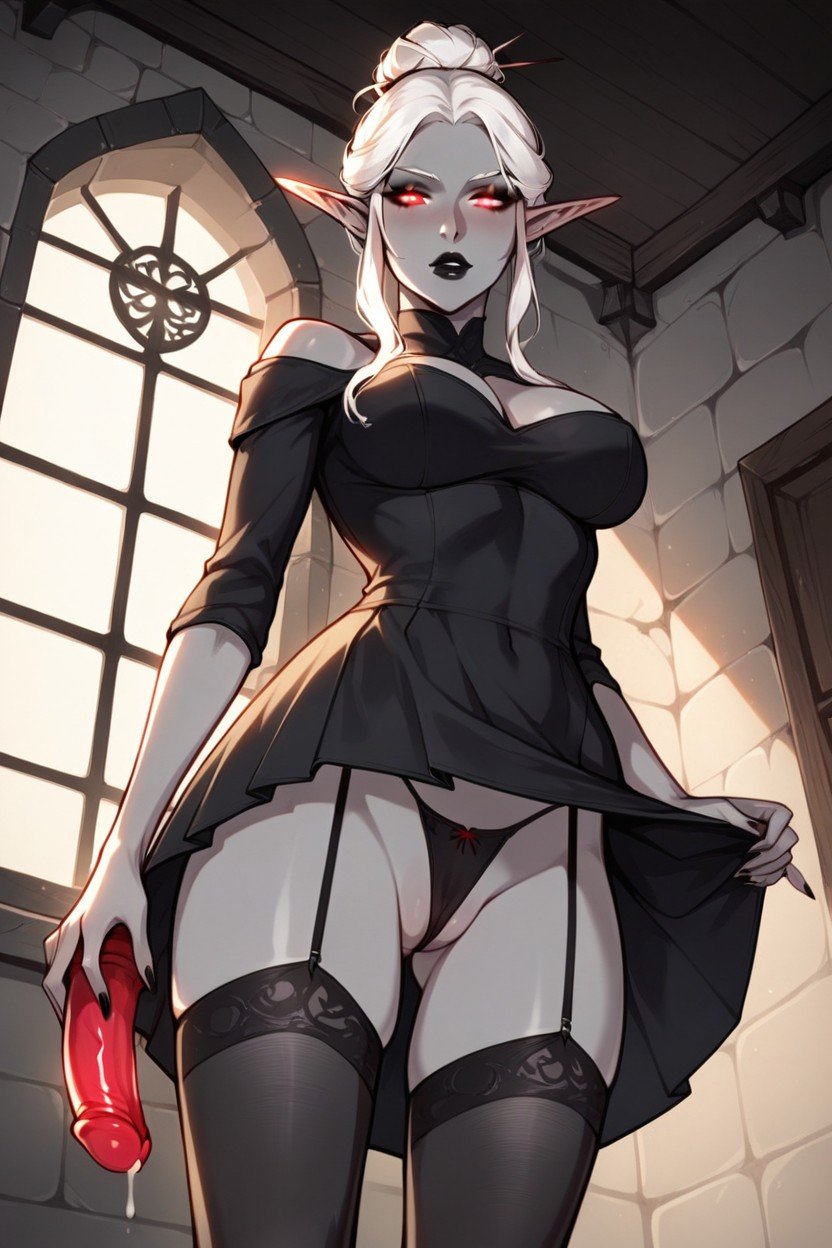 Silk Dress, Drow Elf Female Elf Ears Grey Skin White Hair Black Lips Dungeon Background Stockings Panties Pulled Aside Hair Bun Dildo Penetration, Bottom Up (upskirt) Furry AI Porn