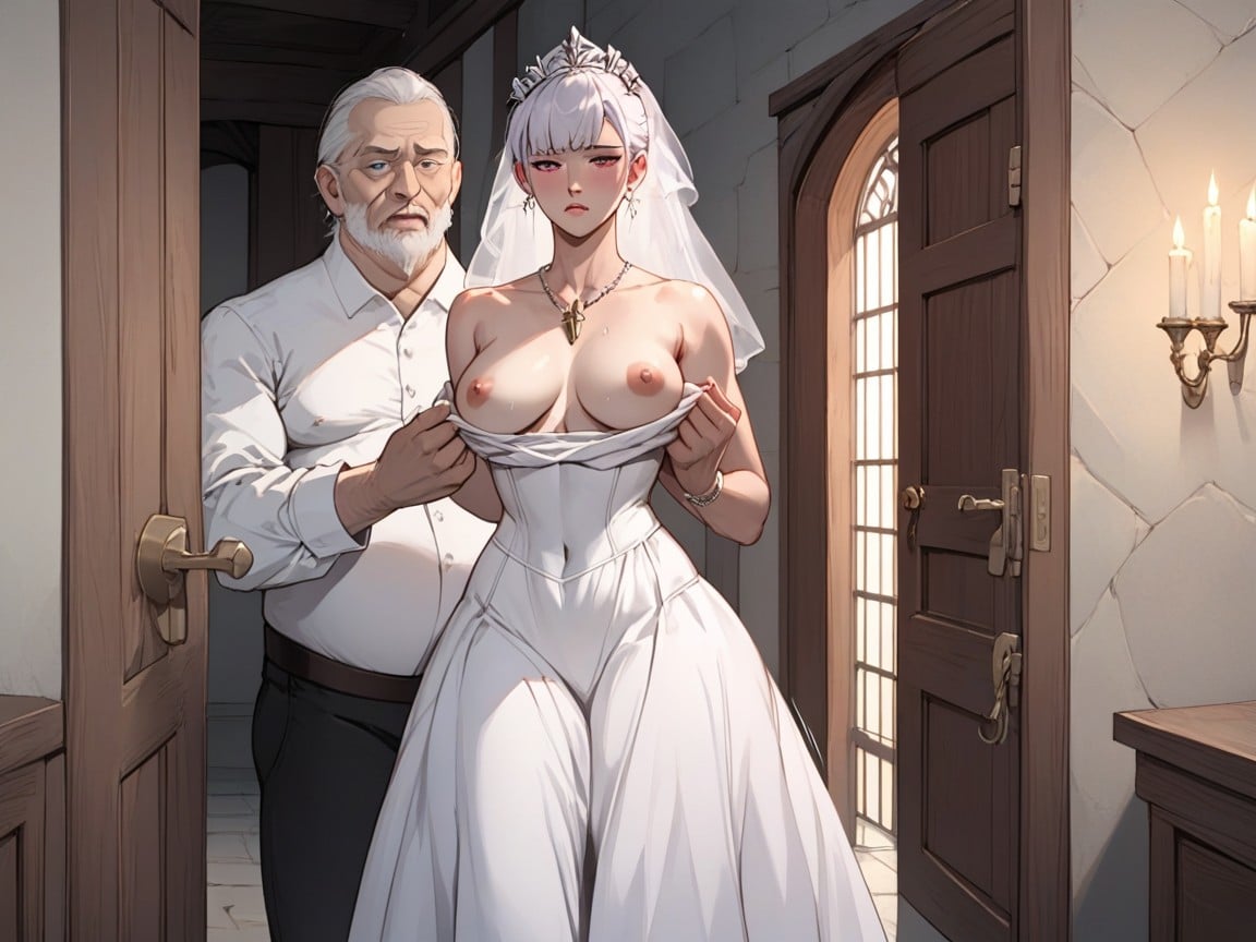 Looking At Viewer, White Medieval Wedding Dress, Tits Exposed Travesti IA Pornô