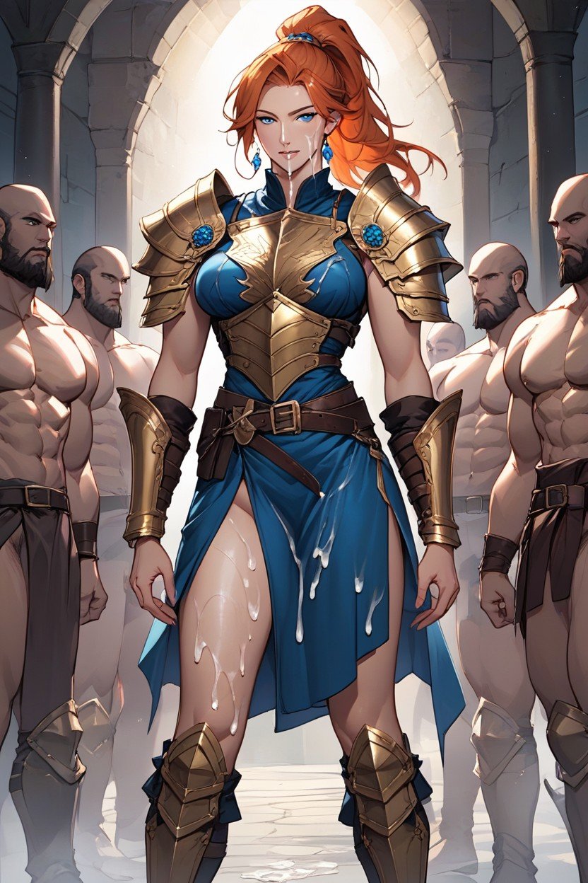 Wearing Dark Blue Armor Bracers, Cheveux Roux, Yellow Knee ArmorPorno IA transsexuelle